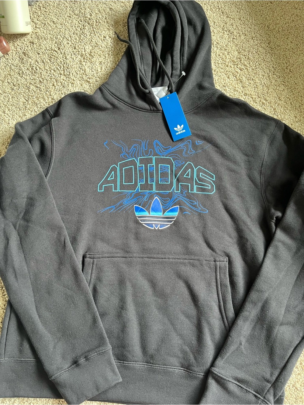 adidas Black Hoodie with Blue Trefoil and Logo